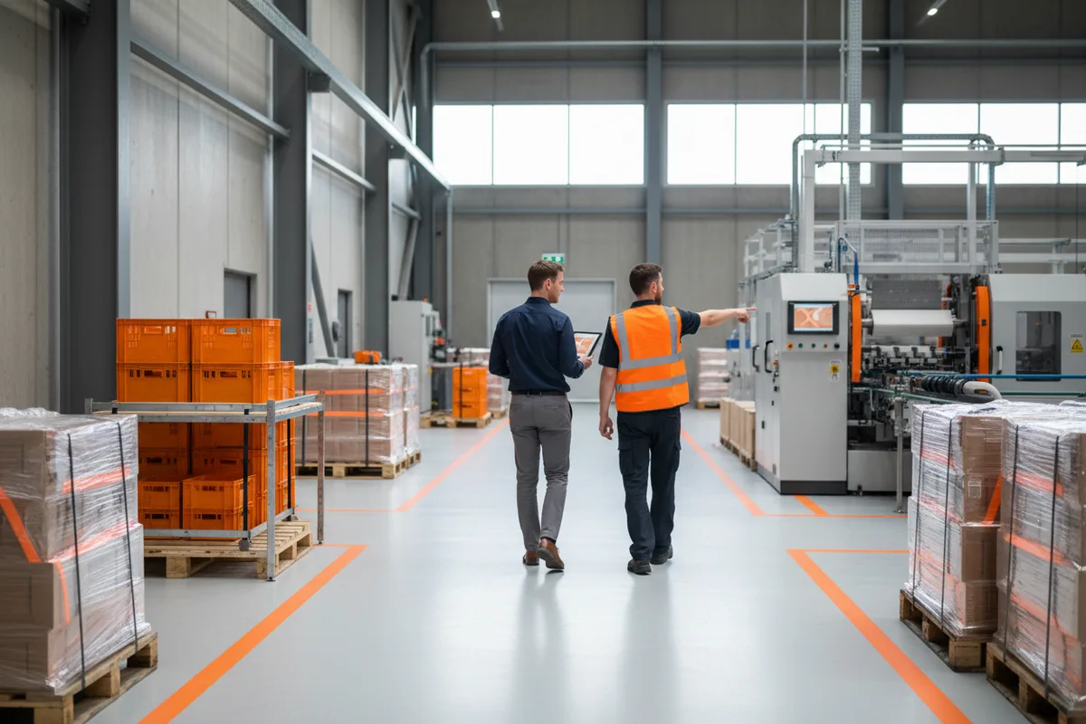 A consultant walking a factory floor with a production manager who points out a packaging machine