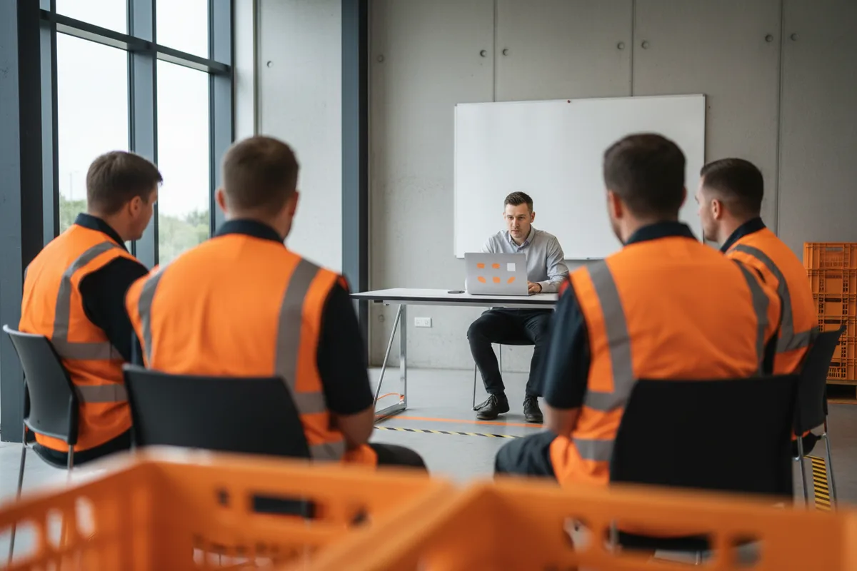 A consultant training a group of warehouse staff in a bright meeting room