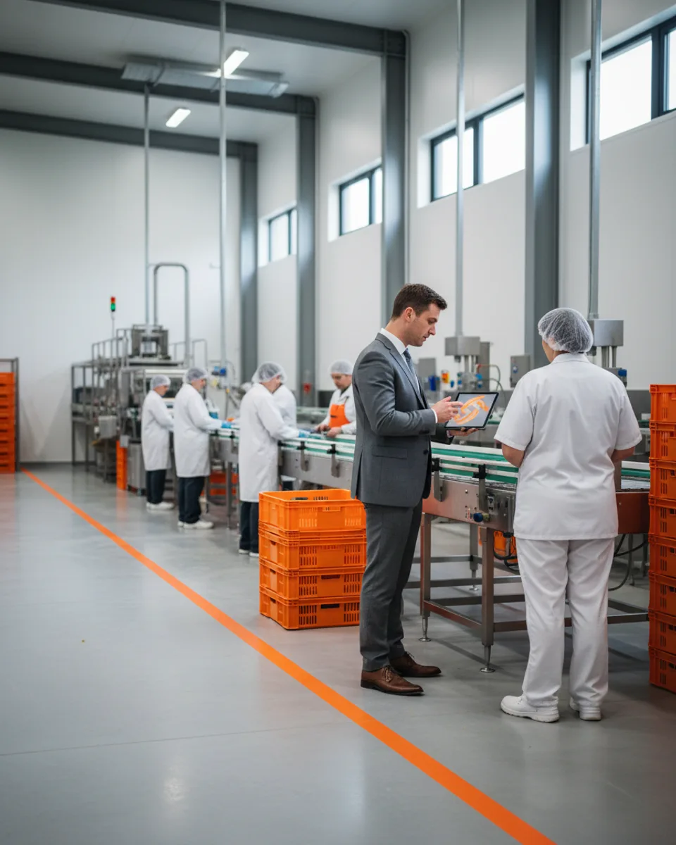 A consultant talking to a shift supervisor at the end of a stainless steel food processing line
