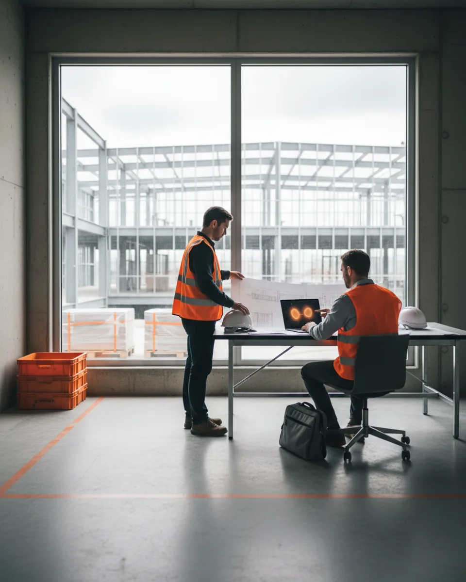 A site manager and a consultant reviewing drawings in a site office overlooking a steel frame