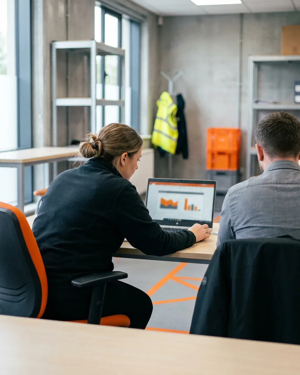 A practice manager and a consultant reviewing a screen in a GP practice back office