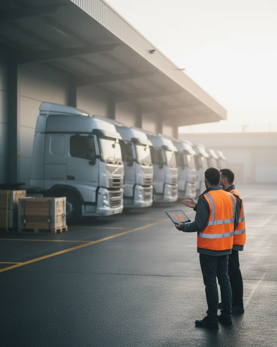 A transport manager and a consultant talking beside a lorry cab in a haulage yard at dawn